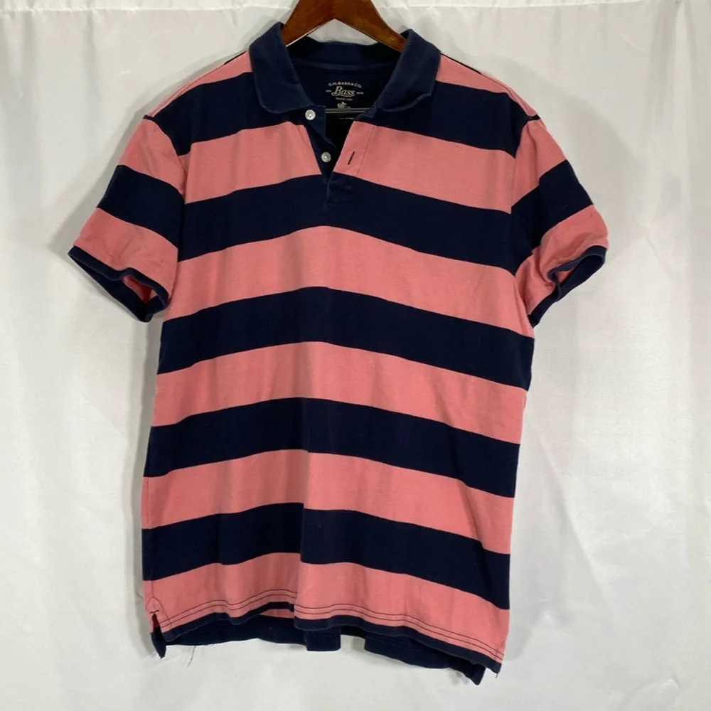 Bass & Co vintage polo shirt classic striped cotton preppy navy pink large beach - Picture 1 of 4